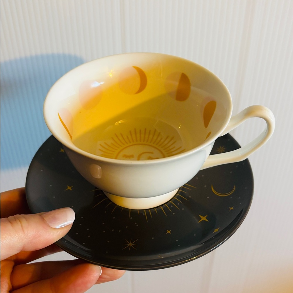 Celestial Tea Leaf Reading Cup & Saucer | Moon Sun Astrology Tasseography